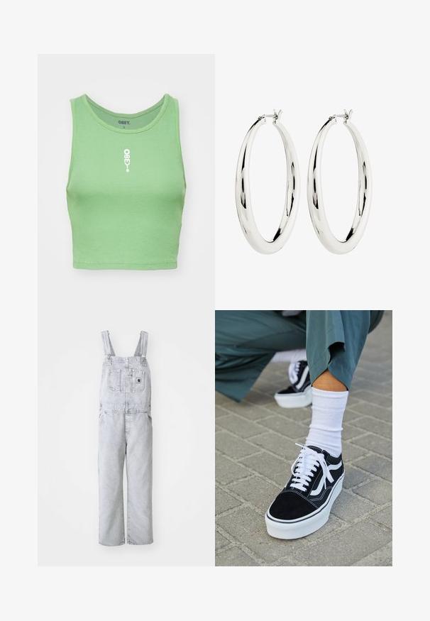 Mintgroene ribgebreide crop top met een ronde halslijn. Voorzien van een witte "OBEY" logo gecentreerd aan de voorkant. De stof heeft een zachte, geweven uitstraling.; Grijze denim overall met verstelbare schouderbanden, een voorvak en zijvakken; losse, rechte pasvorm; vervaagde wassing met minimale textuur.; Zwarte suède sneaker met witte accenten en veters, uitgerust met een dikke witte zool en contrasterende stiksels, gecombineerd met een witte sok.; Zilveren creool oorbellen met een gladde, reflecterende oppervlak. Ronde, grote vorm met een veilige sluiting aan de bovenkant. Gepolijste afwerking toont de glans.