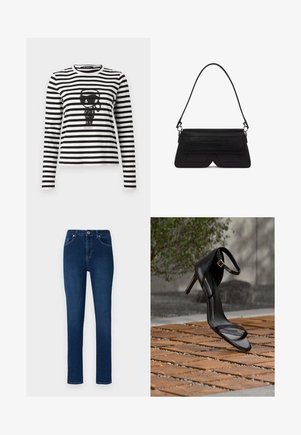Langeærmet, stribet T-shirt i sort og hvid bomuld. Har et centralt grafisk motiv af en figur, der bærer solbriller, med "Karl Lagerfeld" tekst nedenunder.; Mørkeblå denim jeans med slim fit. Funktioner inkluderer en knappet talje, fem lommer og minimale syninger.; Sort højhælet sandal med ankelsnor, der ser ud til at svæve over et trægulv udendørs med sløret grønt og sten i baggrunden.; Sort skuldertaske formet som en trapez med klap, præget logo foran og en enkelt tynd strop fastgjort med sølvringe.