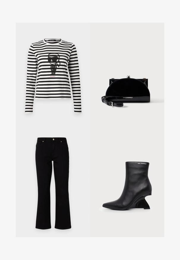 Langeærmet, stribet T-shirt i sort og hvid bomuld. Har et centralt grafisk motiv af en figur, der bærer solbriller, med "Karl Lagerfeld" tekst nedenunder.; Sorte denim flared jeans med mid-rise talje, to forlommer og en enkelt baglomme. Med guldtonet knap og lynlås.; Sort læderankelstøvle med buet skulptureret hæl og Karl Lagerfeld-logo nær den øverste kant på hvid baggrund.; Sort skinnende halvmåneformet clutch-taske med sølvrammelås og justerbar rem, mærket med Karl Lagerfeld-logo på fronten.