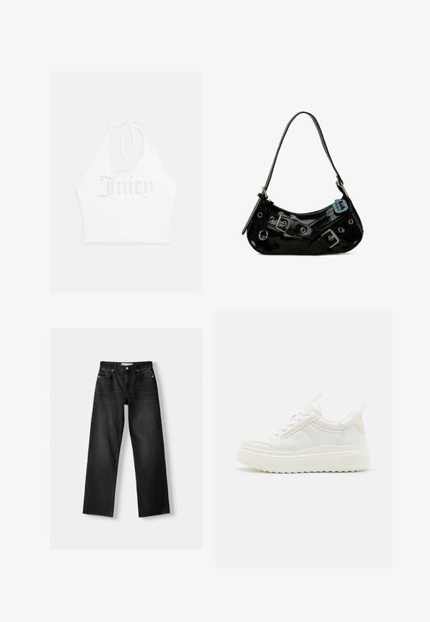 Witte haltertop gemaakt van zachte stof, met rhinestone tekst "Juicy" op de voorkant. Te strikken bij de nek voor een verstelbare pasvorm.; Bershka Straight leg jeans - mottled dark grey; Witte leren sneakers met een stevige zool, vetersluiting en subtiele branding. Heeft een zachte textuur en een ronde neus.; Zwarte gepatineerde leren handtas met een gebogen vorm, voorzien van zilveren hardware, decoratieve sluitingen en een korte schouderband. Blauwe label bevestigd.