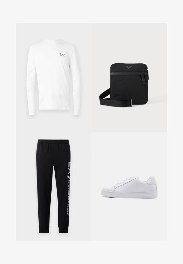 Witte T-shirt met lange mouwen van katoen, voorzien van een klein zwart EA7-logo op de linkerborst. Eenvoudig ontwerp met een ronde hals.; Zwarte sweatpants van een katoenmix, met een elastische tailleband, taps toelopende benen, ribgebreide boorden en een wit logo-opdruk langs de zijkant.; Witte leren sneaker met een soepele textuur, ronde neus, vetersluiting aan de voorkant en platte rubberen zool. Voorzien van reliëfbranding op de hak.; Zwarte vierkante schoudertas met ritssluiting, voorvak en verstelbare band met geperste merknaam.