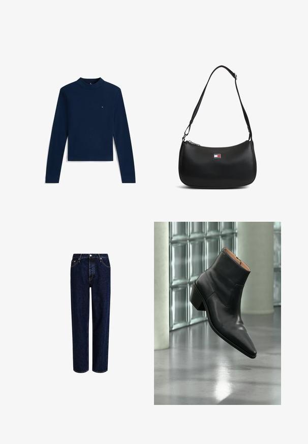 Marineblå cropped top med lange ærmer, høj hals og lille rød, hvid og blå logo på brystet.; Mørkeblå denim jeans med lige ben-design, der har høj talje, fem-lomme-stil og kontrastsyninger. Ingen dekorationer.; Sort læderankelstøvle med spids tå og blokhæl, der svæver over en reflekterende grå gulv nær en væg af glasblokke.; Sort skuldertaske med justerbar rem og en lille Tommy Jeans-logo plaque foran i midten.
