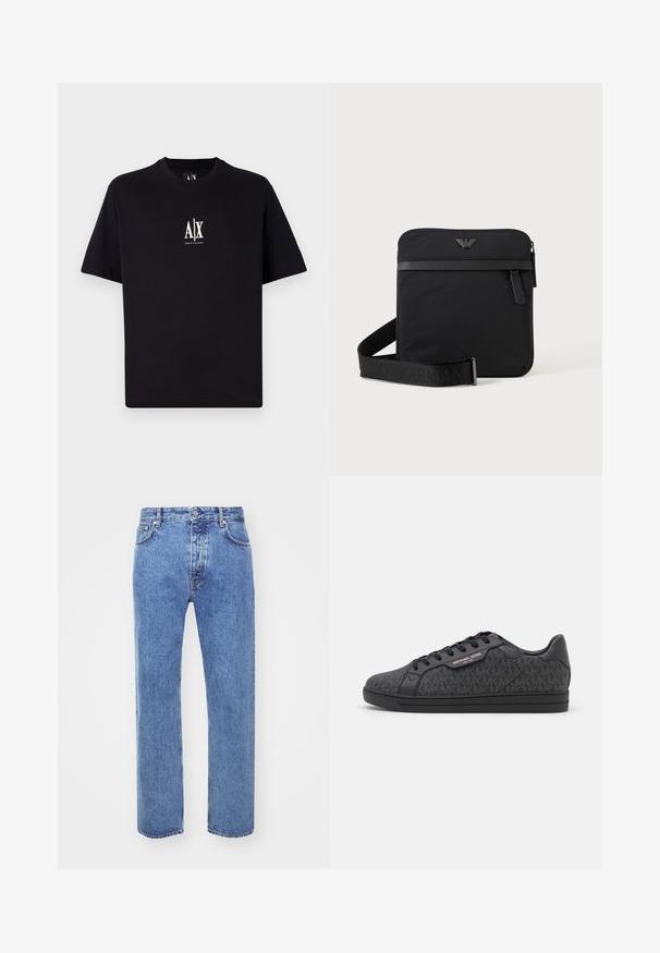 Zwarte kortekorte mouw t-shirt van katoen. Bevat een klein wit "A|X" logo op de borst. Eenvoudige, rechthoekige vorm met een standaard ronde hals.; Won Hundred STEVE - Relaxed fit jeans - cut blue; Zwarte sneakers met een textuur bovenwerk van stof met een subtiel MK-patroon, zwarte leren accenten en een zwarte rubberen zool.; Zwarte vierkante schoudertas met ritssluiting, voorvak en verstelbare band met geperste merknaam.