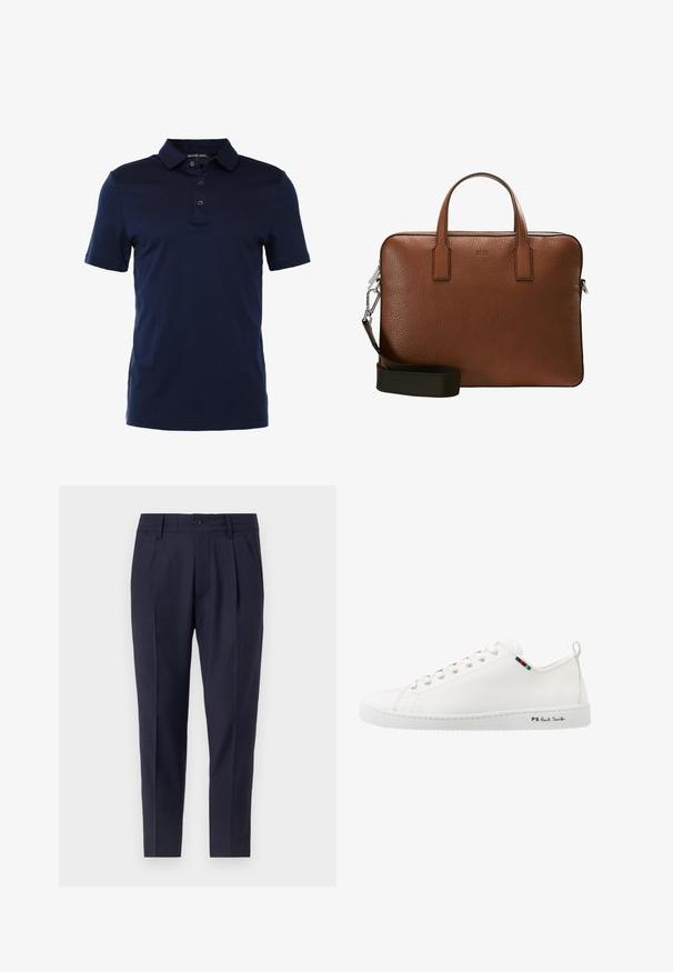Polo bleu marine avec un col classique, une patte de boutonnage à trois boutons et des manches courtes. Fabriqué en tissu lisse avec un subtil détail de logo.; Pantalons bleu marine ajustés, dotés de plis, d'une fermeture à bouton et de poches latérales. Fabriqués dans un tissu lisse avec un léger éclat.; Sneaker en cuir blanc avec une texture lisse, bout rond et détail de bande de couleur contrastante près des lacets. Dispose d'une semelle en caoutchouc et d'un logo sur le côté.; BOSS CROSSTOWN SLIM DOC - Mallette - light pastel brown