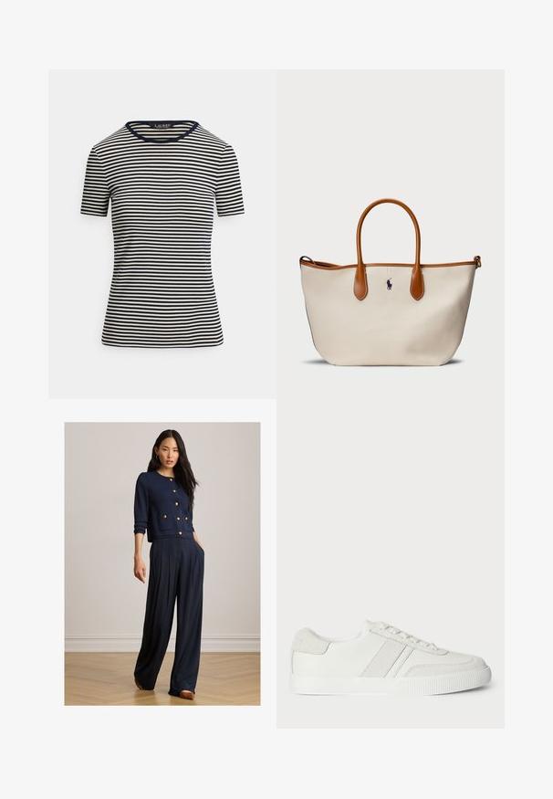 Marineblaue und weiße horizontal gestreifte Kurzarmshirt mit Rundhalsausschnitt und figurbetonter Passform, Label "Lauren Ralph Lauren" im Nackeninneren.; Frau trägt dunkelblauen, geknöpften Cardigan mit goldenen Knöpfen und weite Hosen, steht auf Holzboden vor einer schlichten Wand.; Weiße Sneaker mit einem Obermaterial aus glattem Leder, Wildlederakzenten und flachen Schnürsenkeln. Verfügt über eine strukturierte Gummisohle und ein minimalistisches Design.; Leinen-Umhängetasche in Creme mit braunen Lederakzenten und -griffen. Verfügt über ein blaues Logo auf der Vorderseite, hat eine strukturierte Form und einen offenen oberen Teil.