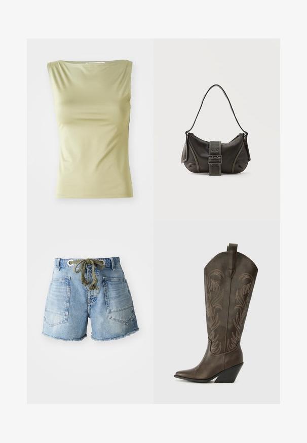 Top sin mangas de color verde claro, hecho de una tela suave, con un escote redondo y una silueta ajustada con costuras laterales sutiles.; Shorts de denim en azul claro con dobladillo deshilachado. Presenta dos bolsillos traseros y un cordón con ojales de metal plateado para un ajuste ajustable.; Bota de vaquero de cuero marrón con puntera afilada, tacón en cuña y bordado decorativo. Presenta un caña alta y una lengüeta de agarre.; Bolso de hombro de cuero negro con detalle de correa con hebilla, bordes curvos y costuras blancas en contraste sobre un fondo liso.