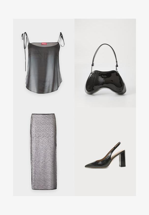 Camisola de satén negro con tirantes finos y ajustables y escote curvado. Presenta un brillo sutil y un ajuste suelto y fluido. Etiqueta roja en el interior.; Larga falda ajustada de tejido plateado transparente con un patrón sutil y acentos brillantes. Presenta una cinturilla y un dobladillo negros.; Zapato slingback de piel negra con puntera puntiaguda, tacón alto y ancho, y forro interior beige sobre un fondo claro y liso.; Bolso de mano de piel sintética negra con un diseño curvado único, asas cortas y ajustables, y abertura con cremallera en la parte superior. Textura suave con una sutil marca.