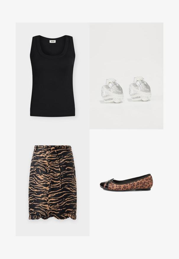 Schwarzes, geripptes ärmelloses Tanktop mit breiten Schulterträgern und rundem Halsausschnitt, Markenlabel sichtbar innen am Kragen.; Schwarzer und brauner, tigerstreifiger Rock aus glattem Stoff, mit einem Bindeband in der Taille und einem gewellten Saumdesign.; Ballettschuhe mit Leopardenmuster, schwarzer Lacklederspitze und Schleifendetail. Weiches Material, niedriges Profil, abgerundete Form. Texturiertes Obermaterial mit glatten Akzenten.; Silberne Ohrringe in Muschelform mit strukturierten Rillen und glatten Kurven, ausgestattet mit einer klaren Rückseite für sicheren Halt.