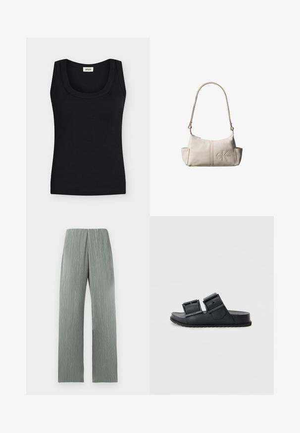 Sort ribbet ærmeløs tanktop med brede skulderstropper og rund halsudskæring, mærke label synligt inden i kraven.; Lysegrå vidde bukser med høj talje og lodrette teksturerede linjer, vist mod en ensartet hvid baggrund.; Sorte klipklappere lavet af tekstureret materiale med to justerbare remme med spænder. Flad sål med et mønstrede dæk for godt greb.; Lille beige læder skuldertaske med justerbar rem og præget Calvin Klein-logo foran i midten.