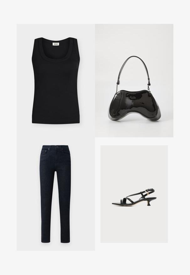 Camiseta sin mangas negra con tejido de canalé, tirantes anchos y escote redondo, etiqueta de la marca visible en el interior del cuello.; Jeans de mezclilla azul oscuro con corte recto, que cuentan con un cierre de botón, cinco bolsillos y detalles de costura sutiles.; Sandalia de cuero negro para mujer con tiras cruzadas finas, tacón bajo tipo kitten y pequeño adorno de hebilla dorada en la correa del tobillo.; Bolso de mano de piel sintética negra con un diseño curvado único, asas cortas y ajustables, y abertura con cremallera en la parte superior. Textura suave con una sutil marca.