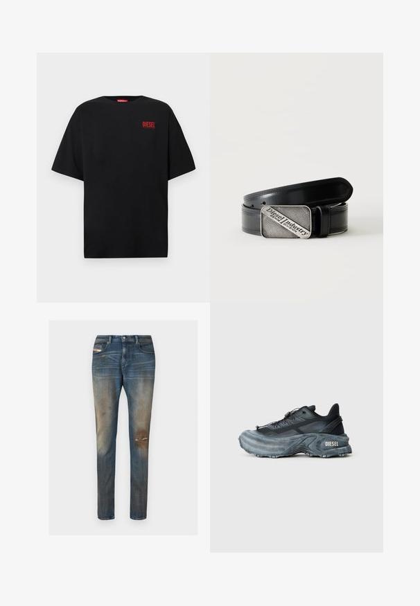 Zwart T-shirt van katoen met korte mouwen, een ronde hals en een rood "DIESEL"-logo op de linkerborst.; Blauwe denim jeans met een slim-fit pasvorm, lichte vervaging, distressed details en een klassiek ontwerp met vijf zakken, inclusief een klein logolabel.; Zwarte en grijze Diesel sneakers met dikke zool, vetersluiting en gestructureerd ontwerp op een effen lichtgrijze achtergrond.; Zwarte leren riem met rechthoekige zilverkleurige gesp met daarin de gegraveerde tekst "Diesel Industry Denim Division" op een licht gestreepte achtergrond.