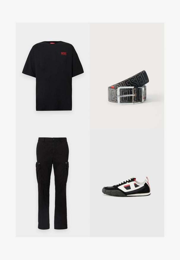 Schwarzes T-Shirt aus Baumwolle, mit kurzen Ärmeln, rundem Ausschnitt und einem roten "DIESEL"-Logo auf der linken Brustseite.; Schwarze Cargo-Hose aus Baumwolle mit zwei seitlichen Taschen, geradem Bein und sichtbaren Nähten an den Säumen.; Diesel S PAGODHA LOW - Sneaker low - black; Schwarzer Diesel-Gürtel mit großem weißen Logotext, rechteckiger silberner Schnalle und gebrandetem Metallschlaufen-Detail, aufgewickelt auf hellem Hintergrund.