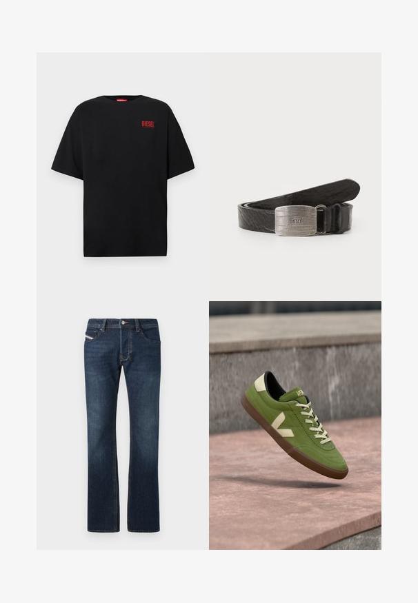 Camiseta negra de algodón, con mangas cortas, cuello redondo y un logo rojo de "DIESEL" en la zona izquierda del pecho.; Jeans de mezclilla azul oscuro con corte recto, cinco bolsillos y detalles de costura sutiles. Cuenta con cierre de botón metálico y cremallera.; Zapatilla de gamuza verde de perfil bajo, con detalles en crema y suela de goma marrón. Presenta una superficie texturizada y cordones en contraste.; Cinturón de cuero negro con un acabado texturizado, que presenta una hebilla rectangular de tono plateado con el nombre de la marca grabado. Bordes suaves, diseño clásico.