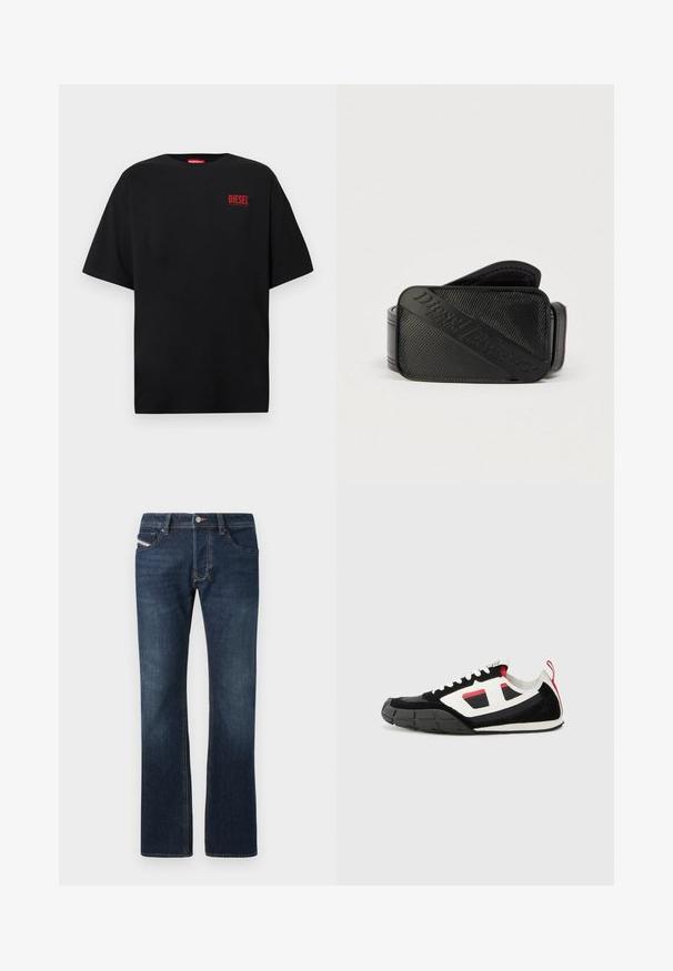Camiseta negra de algodón, con mangas cortas, cuello redondo y un logo rojo de "DIESEL" en la zona izquierda del pecho.; Jeans de mezclilla azul oscuro con corte recto, cinco bolsillos y detalles de costura sutiles. Cuenta con cierre de botón metálico y cremallera.; Diesel S PAGODHA LOW - Zapatillas - black; Cinturón negro con un diseño texturizado y un logotipo en relieve prominente. El material parece suave con un acabado similar al cuero.