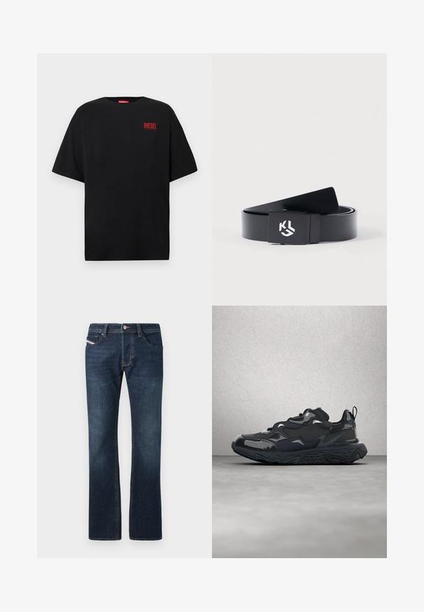 Camiseta negra de algodón, con mangas cortas, cuello redondo y un logo rojo de "DIESEL" en la zona izquierda del pecho.; Jeans de mezclilla azul oscuro con corte recto, cinco bolsillos y detalles de costura sutiles. Cuenta con cierre de botón metálico y cremallera.; Zapatilla de correr negra con parte superior texturizada, detalles suaves y suela gruesa con dibujo de ondas, diseñada para ofrecer comodidad y durabilidad.; Cinturón negro con un acabado brillante, que presenta una hebilla cuadrada con un logo blanco. El diseño es minimalista, sin patrones o acentos adicionales.