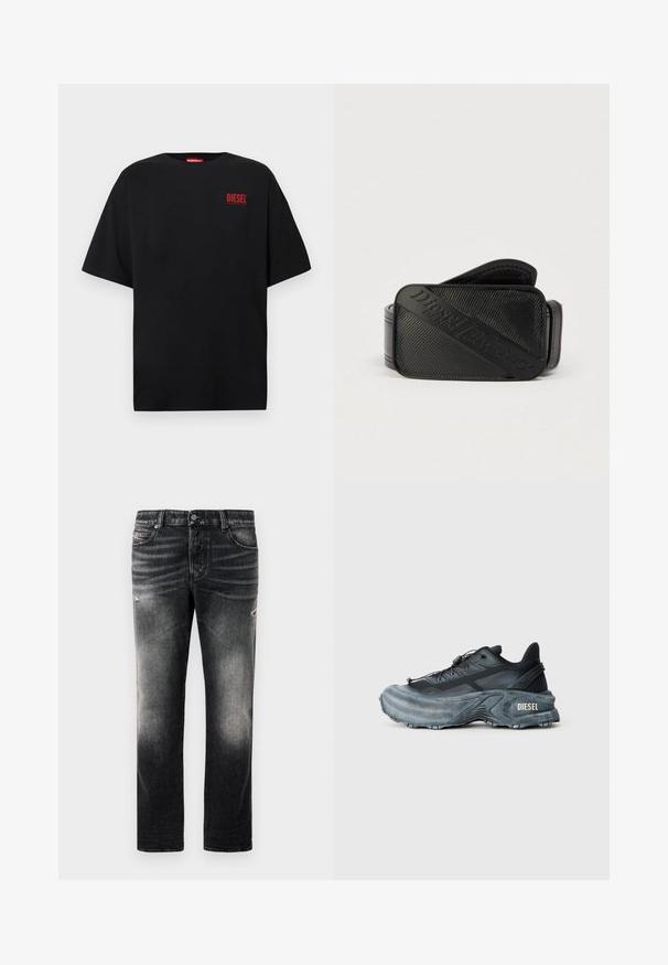 Schwarzes T-Shirt aus Baumwolle, mit kurzen Ärmeln, rundem Ausschnitt und einem roten "DIESEL"-Logo auf der linken Brustseite.; Schwarze Jeans mit einem verblassten Finish und verwaschenen Akzenten, klassisches Fünf-Taschen-Design und Reißverschluss. Hergestellt aus Denim-Stoff.; Schwarz- und graue Diesel-Sneaker mit dicker Sohle, Schnürverschluss und strukturiertem Design auf einem schlichten hellgrauen Hintergrund.; Schwarzer Gürtel mit strukturiertem Design und einem markanten, eingeprägten Logo. Das Material wirkt glatt mit einem lederähnlichen Finish.