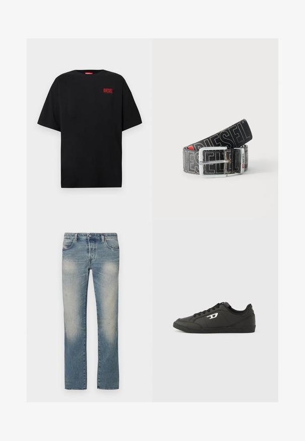 Sort T-shirt lavet af bomuld, med korte ærmer, rund halsudskæring og en rød "DIESEL"-logo på venstre brystområde.; Lyseblå denim jeans med lige ben, falmede områder, fem lommer og knaplukning. Stoffet viser let slid og brugsmærker.; Sorte syntetiske sneakers med en struktureret sort sål, rund tå og flade sorte snørebånd. Fremtrædende hvidt logo på ydersiden.; Sort Diesel-bælte med stor hvid logo tekst, rektangulært sølvspænde og brandet metal-loop detalje, rullet sammen på en lys baggrund.