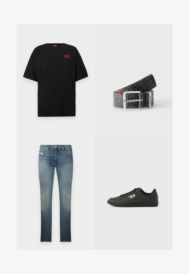 Camiseta negra de algodón, con mangas cortas, cuello redondo y un logo rojo de "DIESEL" en la zona izquierda del pecho.; Jeans ajustados en un lavado azul desgastado, con un diseño de cinco bolsillos, cierre de botón metálico y costuras en contraste. Textura ligeramente desgastada.; Zapatillas deportivas negras sintéticas con suela negra texturizada, puntera redonda y cordones planos negros. Destaca un logo blanco en el lateral exterior.; Cinturón negro Diesel con gran texto de logo en blanco, hebilla rectangular plateada y detalle de la anilla metálica con marca, enrollado sobre un fondo claro.