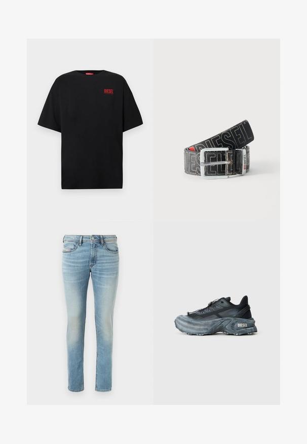 Zwart T-shirt van katoen met korte mouwen, een ronde hals en een rood "DIESEL"-logo op de linkerborst.; Lichtblauwe denim spijkerbroek met een slim fit, vijf-pocket ontwerp en subtiele vervaging, met knoopsluiting en riemlussen.; Zwarte en grijze Diesel sneakers met dikke zool, vetersluiting en gestructureerd ontwerp op een effen lichtgrijze achtergrond.; Zwarte Diesel-riem met grote witte logotekst, rechthoekige zilveren gesp en merkmetal lusdetail, opgerold op een lichte achtergrond.