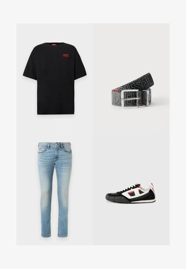 Schwarzes T-Shirt aus Baumwolle, mit kurzen Ärmeln, rundem Ausschnitt und einem roten "DIESEL"-Logo auf der linken Brustseite.; Hellblaue Denim-Jeans mit tailliertem Schnitt, fünf Taschen, subtilen Auswaschungen, mit Knopfverschluss und Gürtelschlaufen.; Diesel S PAGODHA LOW - Sneaker low - black; Schwarzer Diesel-Gürtel mit großem weißen Logotext, rechteckiger silberner Schnalle und gebrandetem Metallschlaufen-Detail, aufgewickelt auf hellem Hintergrund.