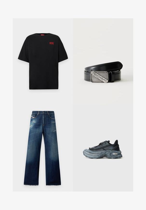 Schwarzes T-Shirt aus Baumwolle, mit kurzen Ärmeln, rundem Ausschnitt und einem roten "DIESEL"-Logo auf der linken Brustseite.; Weite Jeans aus Denim in Dunkelblau mit ausgebleichten Stellen, abgenutzten Details und fransigen Säumen. Vier Taschen und ein Knopfverschluss.; Schwarz- und graue Diesel-Sneaker mit dicker Sohle, Schnürverschluss und strukturiertem Design auf einem schlichten hellgrauen Hintergrund.; Schwarzer Ledergürtel mit rechteckiger silberner Schnalle, auf der der eingravierte Text "Diesel Industry Denim Division" steht, auf einem hell gestreiften Hintergrund.