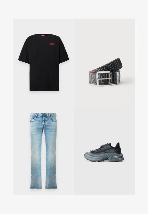 Schwarzes T-Shirt aus Baumwolle, mit kurzen Ärmeln, rundem Ausschnitt und einem roten "DIESEL"-Logo auf der linken Brustseite.; Helleblaue Denim-Jeans mit geradem Schnitt, Fünf-Taschen-Design und leichter Ausbleichung. Mit metallischem Knopf und Reißverschlussverschluss.; Schwarz- und graue Diesel-Sneaker mit dicker Sohle, Schnürverschluss und strukturiertem Design auf einem schlichten hellgrauen Hintergrund.; Schwarzer Diesel-Gürtel mit großem weißen Logotext, rechteckiger silberner Schnalle und gebrandetem Metallschlaufen-Detail, aufgewickelt auf hellem Hintergrund.