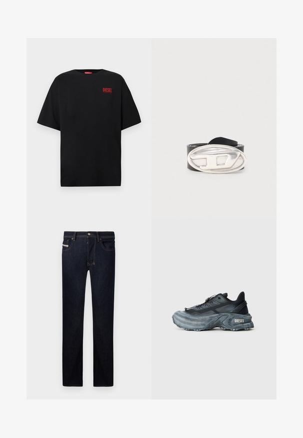 Schwarzes T-Shirt aus Baumwolle, mit kurzen Ärmeln, rundem Ausschnitt und einem roten "DIESEL"-Logo auf der linken Brustseite.; Dunkelblaue Jeans aus Denim mit gerader Passform, die fünf Taschen, kontrastierende Nähte und einen Metallknopfverschluss aufweisen.; Schwarz- und graue Diesel-Sneaker mit dicker Sohle, Schnürverschluss und strukturiertem Design auf einem schlichten hellgrauen Hintergrund.; Schwarzer Ledergürtel, zusammengerollt, mit einer großen ovalen silbernen Schnalle, die ein erhabenes stilisiertes "D"-Design zeigt.