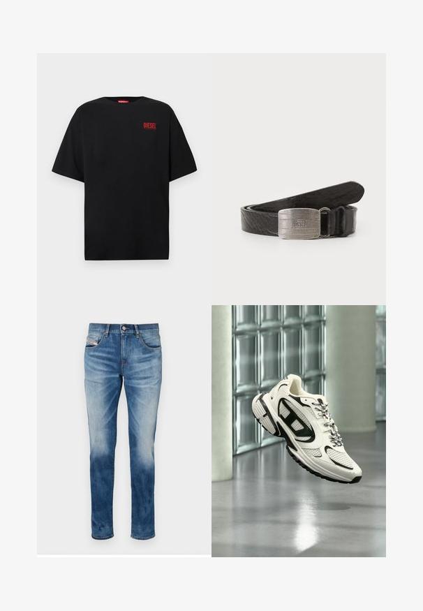 T-shirt noir en coton, avec des manches courtes, un col rond, et un logo rouge "DIESEL" sur le côté gauche de la poitrine.; Jean en denim bleu avec une coupe droite, une finition délavée, cinq poches et une fermeture à bouton en métal. Texture douce avec un minimum de détails.; Baskets athlétiques blanches et noires avec des détails en mesh et des lacets à motifs suspendues en l'air dans un espace intérieur moderne avec des blocs de verre.; Ceinture en cuir noir avec une finition texturée, dotée d'une boucle rectangulaire en métal argenté avec le nom de la marque gravé. Bords lisses, design classique.