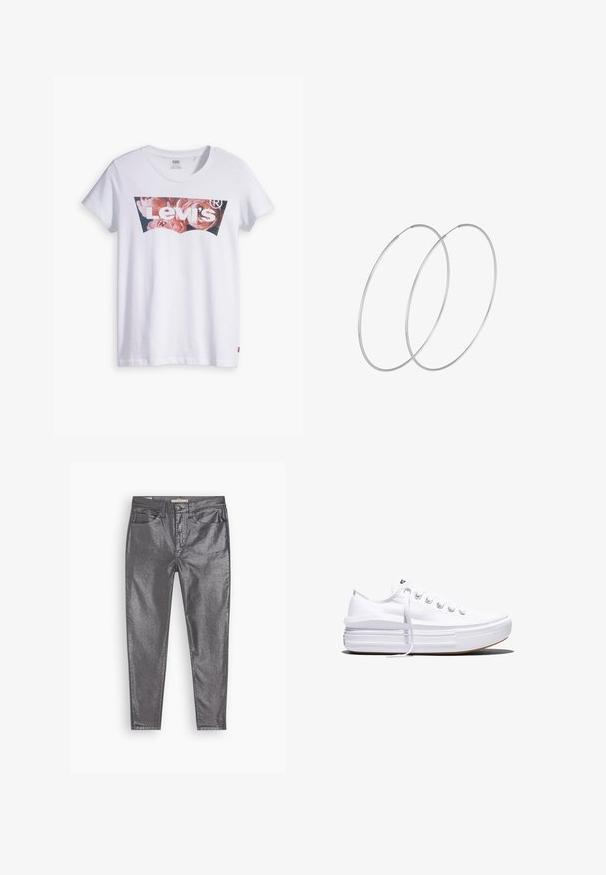 Biela bavlnená tričko s grafickým motívom v ružovej a modrej farbe s logom "Levi's" vo vnútri tvaru netopiera. Klasický okrúhly výstrih, krátke rukávy.; Metalické šedé džínsy so slim fit strihom, dizajnom s piatimi vreckami a jemným leskom. Vyrobené z materiálu podobného denimu, s gombíkom a zipsom na zapínanie.; Biela nízka plátenná teniska s hrubou platformovou podrážkou, šnurovaním vpredu a gumovou špičkou s textúrou, zobrazená z bočnej strany.; Strieborné kruhové náušnice s minimalistickým dizajnom. Cirkulárny tvar, hladký povrch a tenký profil. Ľahké s lesklým povrchom.