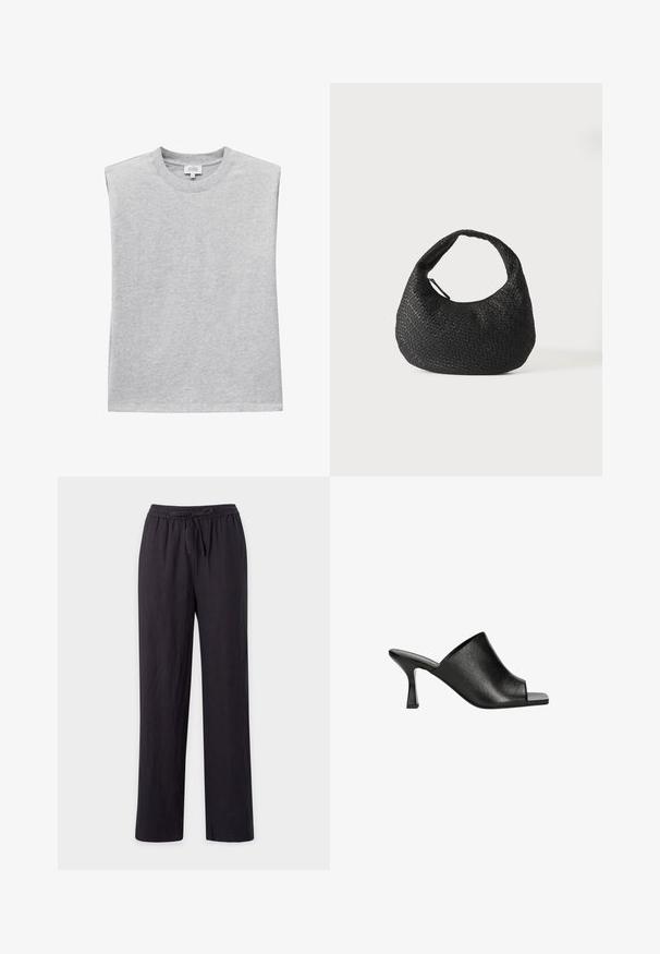 Top gris sans manches en coton avec épaules rembourrées et encolure ronde, présenté à plat.; Pantalons noirs légers, coupe droite, avec taille élastique et cordon de serrage. Texture lisse, sans motifs ni éléments visibles.; Mules ouverts en cuir noir au design épuré, avec une texture subtile et un talon bloc effilé pour plus de stabilité.; Sac à main en cuir tressé noir avec une poignée courbée et un corps en forme de croissant, présenté sur un fond blanc uni.
