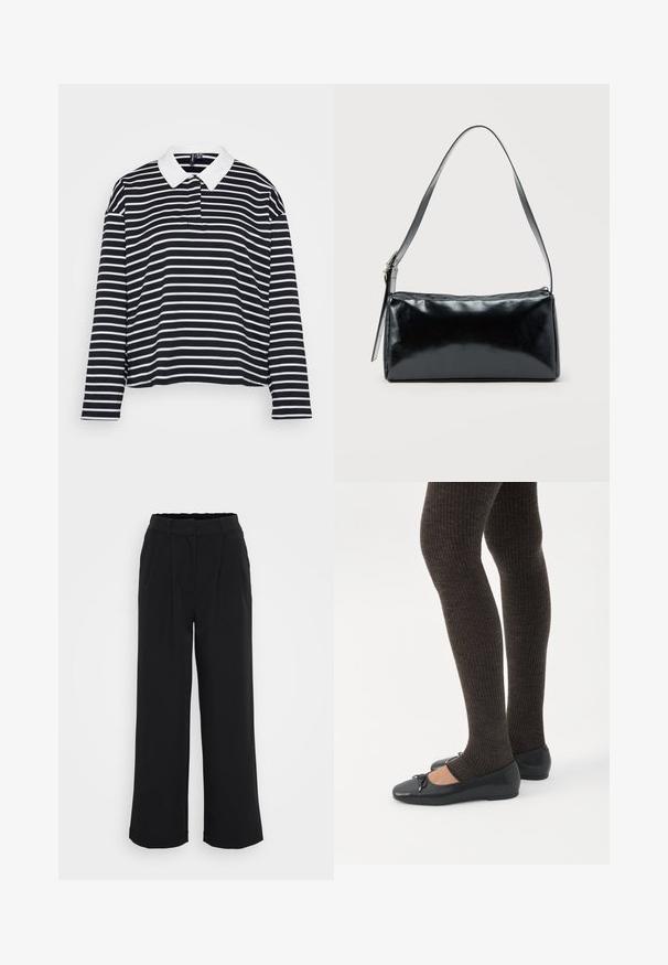Polo shirt à manches longues noir et blanc à rayures, avec un col blanc et une coupe décontractée, présentant des rayures horizontales et une texture de tissu douce.; Pantalons larges noirs en tissu lisse, avec un devant plissé, une taille élastique et sans poches ni éléments métalliques visibles.; Jambes portant des leggings côtelés foncés associés à des ballerines noires avec de petits détails en nœud sur fond blanc.; Sac d'épaule rectangulaire noir avec une sangle réglable unique et une fermeture éclair supérieure sur un fond uni.