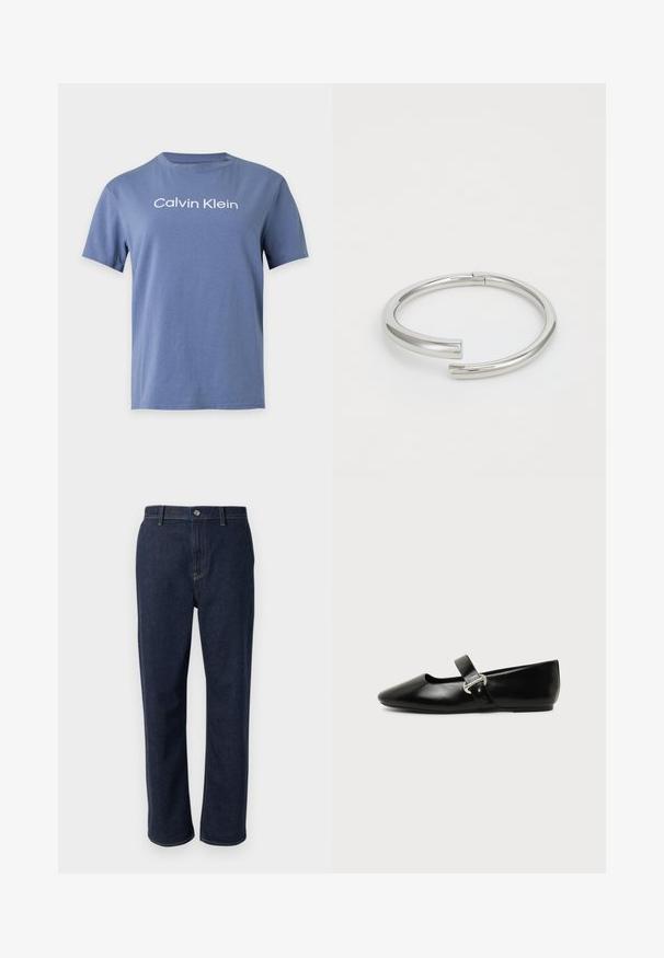 Blue short-sleeve cotton t-shirt with "Calvin Klein" printed in white centered on the chest.; Dark blue denim jeans with a straight leg design, featuring a zip fly, front pockets, and visible stitching in a contrasting color.; Black leather Mary Jane flat shoe with a rounded toe and silver buckle strap on a plain background.; Calvin Klein SPIRAL - Bracelet - silver-coloured
