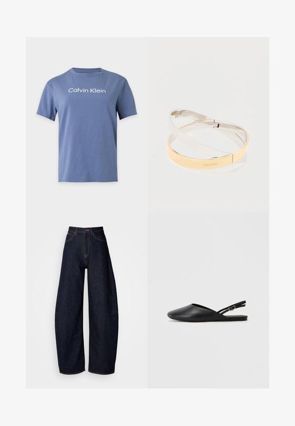 Blaues kurzärmeliges Baumwoll-T-Shirt mit weiß gedrucktem Text „"Calvin Klein"“ zentriert auf der Brust.; Dunkelblaue weitem Bein Jeans aus Denim, mit hoher Taille, geradem Schnitt, fünf Taschen und Kontrastnähten.; Schwarze Leder-Slingback-Schuhe mit spitzem Zehenbereich, geschwungenem Design und verstellbarem Schnallenriemen. Glatte Textur, flache Sohle, minimale Details.; Verschlungene, polierte Metallarmreifen in Silber- und Goldtönen, einer eingraviert mit dem "Calvin Klein"-Logo, auf einem weißen Hintergrund.
