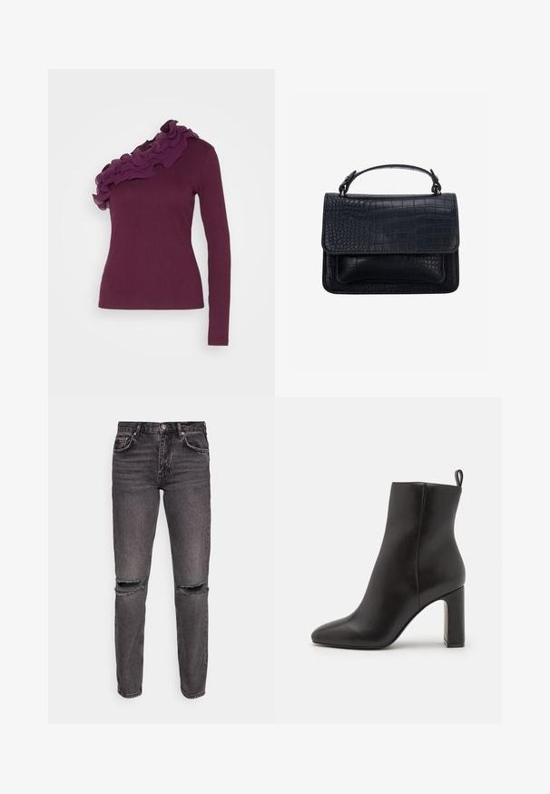 VILA VIMIA ONE SHOULDER FLOUNCE - Top s dlhým rukávom - winter bloom; Gina Tricot LOW - Džínsy s rovným strihom - black denim; Čierne kožené členkové topánky s špicatou špičkou, cylindrickým vysokým podpätkom a slučkovou pútkom na zadnej strane pre jednoduché obúvanie. Hladká textúra.; Čierna kabelka s krokodíľou textúrou, obdĺžnikového tvaru, horným chlopňou a jednou krátkou rukoväťou.