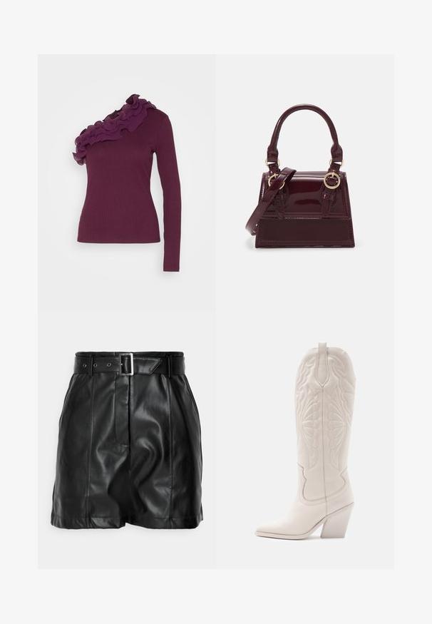 VILA VIMIA ONE SHOULDER FLOUNCE - Langærmet T-shirt - winter bloom; Sorte lædershorts med en glat overflade, høj talje og et bredt bælte med en rektangulær sølvspænde. Plisseret design foran.; Hvide læder cowboystøvler med spidse tæer og blokhæle. Har intrikate syninger på skaftet og en glat tekstur.; Burgunderfarvet patentlæder håndtaske med en struktureret form, dobbelt håndtag og justerbar rem. Har guldfarvet metaldele og syede detaljer.