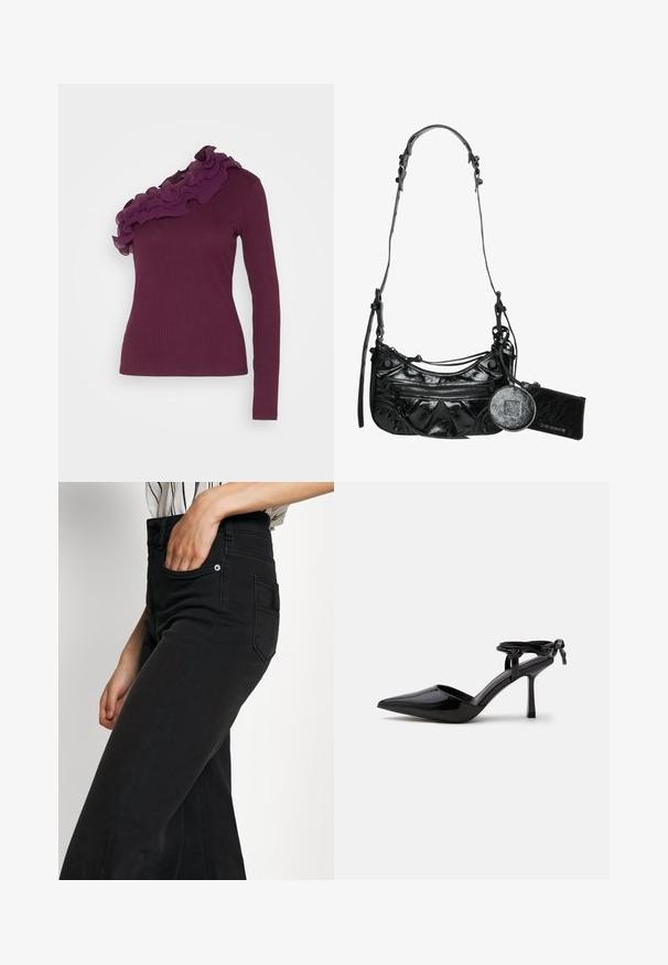 VILA VIMIA ONE SHOULDER FLOUNCE - Pikkade varrukatega topp - winter bloom; Mustad denimist laia säärega teksad kõrge vöökohaga, esimesed taskud ja tagaosa plaastritasku. Sile tekstuur minimaalse õmbluste detailidega.; Mustast lakknahast kõrge kontsaga king, millel on terav nina ja pahkluu rihm, mis on taga sõlmes, näidatud ühevärvilisel valgel taustal.; Must mustnahk tasku, millel on kaarjas disain, tõmblukuga esi-tasku ja dekoratiivne riistvara koos eemaldatava ümmarguse mündikotiga.