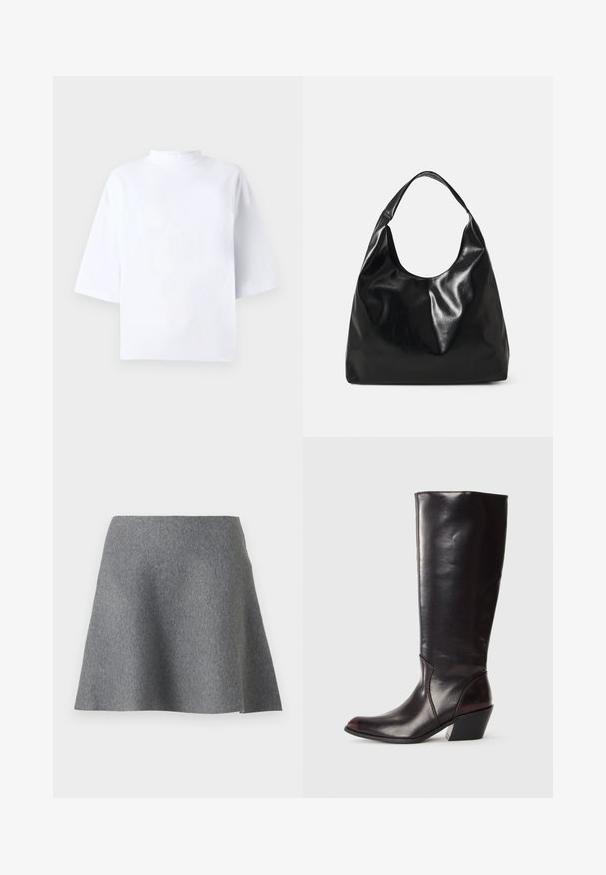 Top blanco de algodón de manga corta con escote alto y redondeado y ajuste holgado. Textura suave, sin patrones ni detalles visibles.; Falda acampanada gris hecha de un tejido texturizado y suave. Presenta un diseño sencillo con cintura alta y un acabado suave.; Bota de cuero marrón oscuro hasta la rodilla con punta afilada, tacón angular y textura suave y brillante. Presenta un diseño limpio y detalles de costura.; Bolso hobo de cuero negro con una textura suave y brillante y un diseño de parte superior redondeada y abierta. Cuenta con una amplia correa curvada para llevar. Sin hardware visible.