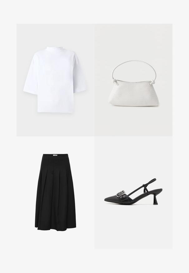Witte katoenen top met korte mouwen, een hoge, afgeronde halslijn en een losse pasvorm. Gladde textuur, zonder zichtbare patronen of accenten.; Zwarte plissé midi rok gemaakt van gladde stof. Heeft een hoge taille en een vloeiende silhouet met netjes gestikte plooien.; Simmi London DALA - Klassieke pumps - black; Witte handtas van gevlochten leer met een afgeronde handgreep en uiteinden van de band die geknoopt zijn, afgebeeld tegen een effen achtergrond.