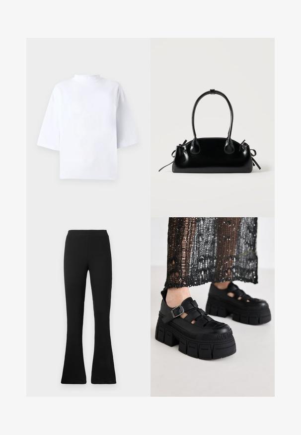 Witte katoenen top met korte mouwen, een hoge, afgeronde halslijn en een losse pasvorm. Gladde textuur, zonder zichtbare patronen of accenten.; Zwarte geribbelde flare pants met een hoge taille. Zacht, elastisch materiaal zorgt voor een aansluitende silhouet en een flared onderkant voor stijl en comfort.; Zwarte platform sandalen met een chunky ontwerp, voorzien van brede banden en een zijgesp. Gemaakt van textuur rubber met een logo-detail.; Kleine zwarte glanzende handtas met twee lange hengsels en zijkant trekkoord details op een effen lichte achtergrond.