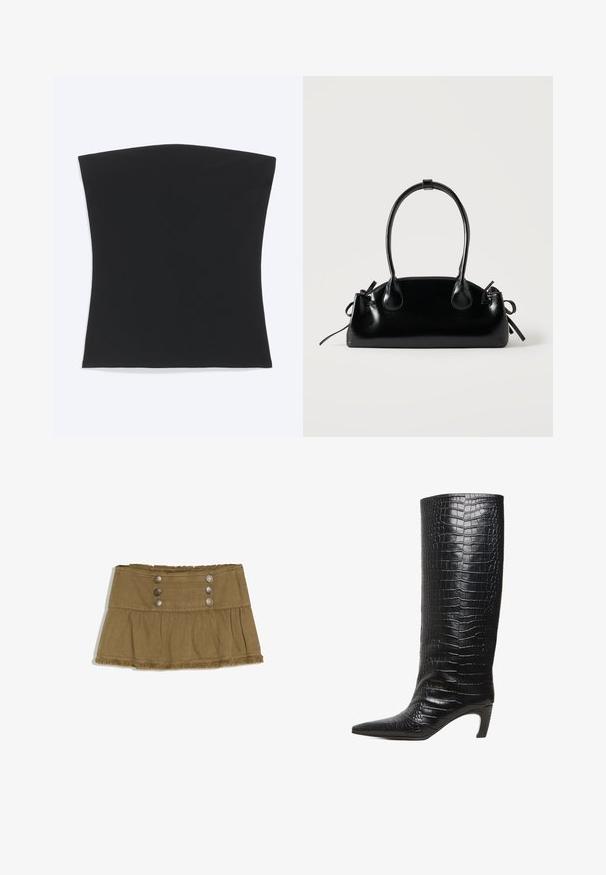 Schwarzes trägerloses Tube-Top mit geradem Saum, flach auf weißem Hintergrund dargestellt.; Brauner Minirock mit breitem Bund, sechs Metallknöpfen, plissiertem unteren Abschnitt und ausgefransten Kanten oben und unten.; Schwarzer kniehoher Stiefel mit spitzer Zehe, mittelhohem, geschwungenem Absatz und strukturierter Oberfläche aus Leder mit Krokodilprägung.; Kleine schwarze glänzende Handtasche mit zwei langen Griffen und seitlichen Kordelzug-Details vor einfachem hellem Hintergrund.