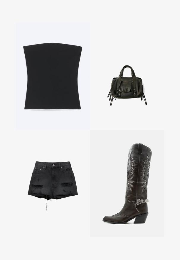 Haut tube noir sans bretelles avec un ourlet droit, présenté à plat sur un fond blanc.; Shorts en denim noir avec des bords effilochés, des patches déchirés, une fermeture à bouton sur le devant, et un design à cinq poches. Coupe taille haute classique.; Botte de cowboy en cuir noir avec découpes décoratives, boucle argentée et talon incliné, présentée sur fond blanc.; Sac à main en cuir noir avec des poignées tressées, une poche zippée et des glands suspendus. Surface texturée avec des clous en métal et des accents en métal.