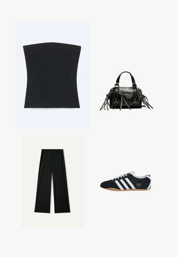 Zwart bandeautopje met rechte zoom, plat liggend tegen een witte achtergrond weergegeven.; Bershka WIDE - Broek - black; Zwarte suède sneaker met witte drie strepen, gouden logo en een bruine rubberen zool. Heeft een laag profiel vetersluiting ontwerp.; Zwarte leren handtas met gevlochten handvatten, textuur op het oppervlak, ritsvak aan de voorkant en decoratieve franjes. Compacte en gestructureerde vorm.