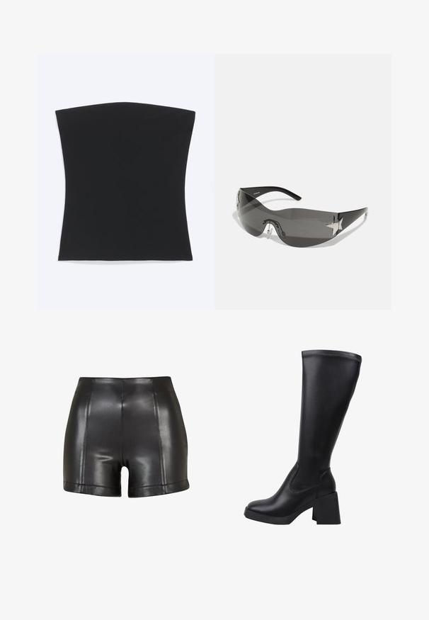 Top tubo negro sin tirantes con bajo recto, mostrado plano sobre un fondo blanco.; Pantalones cortos de imitación de cuero negros con una cintura alta, textura suave y costuras visibles a lo largo del frente y el dobladillo.; Botas negras hasta la rodilla hechas de cuero sintético liso con tacón grueso y bloque, y puntera redondeada, con detalles de costuras a lo largo de la parte superior.; Gafas de sol negras con diseño envolvente, lentes oscuros, acentos brillantes en forma de estrella y almohadillas nasales ajustables.