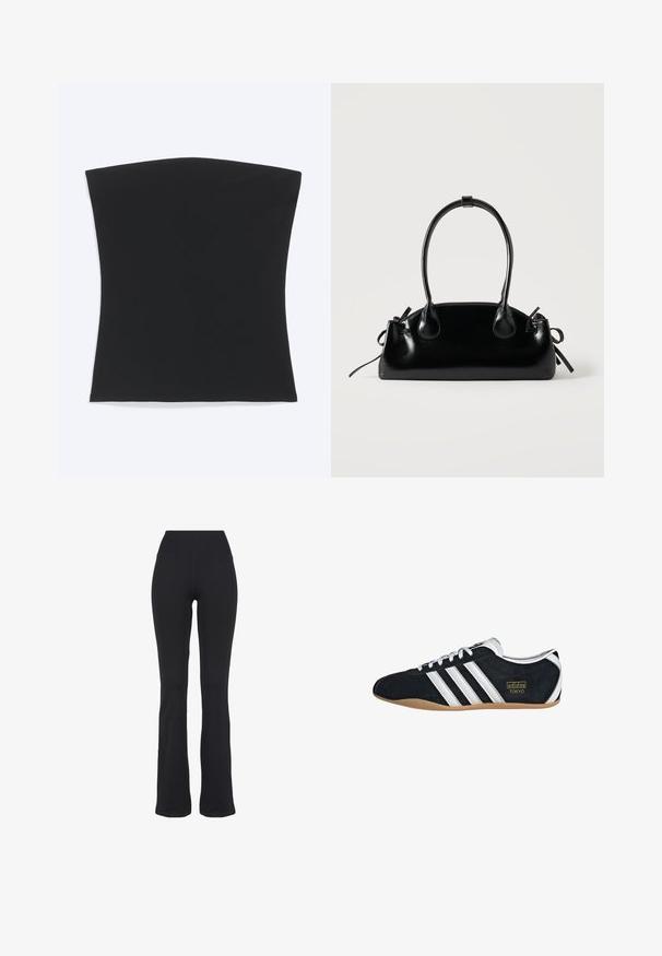Top tubo negro sin tirantes con bajo recto, mostrado plano sobre un fondo blanco.; Pantalones de yoga negros de talle alto y ajustados con piernas acampanadas, presentados sobre un fondo blanco.; Zapatillas de ante negro con tres franjas blancas, logotipo dorado y suela de goma marrón. Presentan un diseño de cordones de perfil bajo.; Pequeño bolso negro brillante con dos asas largas y detalles de cordón lateral sobre un fondo claro liso.