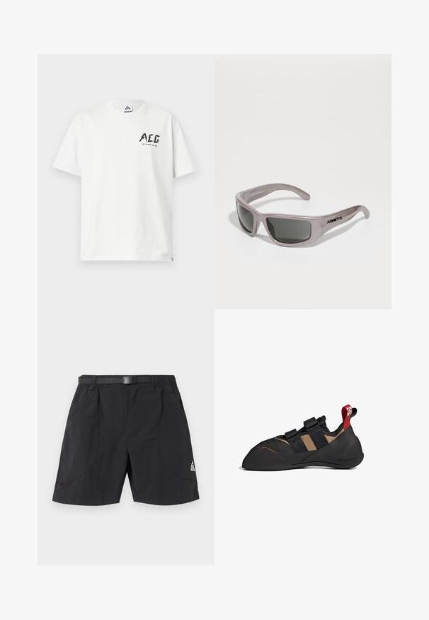 T-shirt blanc à manches courtes avec logo noir "ACG" et texte "FOR OUTDOOR USE" sur la partie supérieure gauche de la poitrine.; Shorts d'extérieur noirs avec ceinture réglable intégrée, poches latérales et petit logo triangulaire blanc sur la jambe droite.; Chausson d'escalade avec une tige synthétique noire et marron, dotée de deux bandes Velcro, d'une semelle en caoutchouc et d'une languette rouge au talon.; Arnette ZYME - Lunettes de soleil - metallic silver-coloured