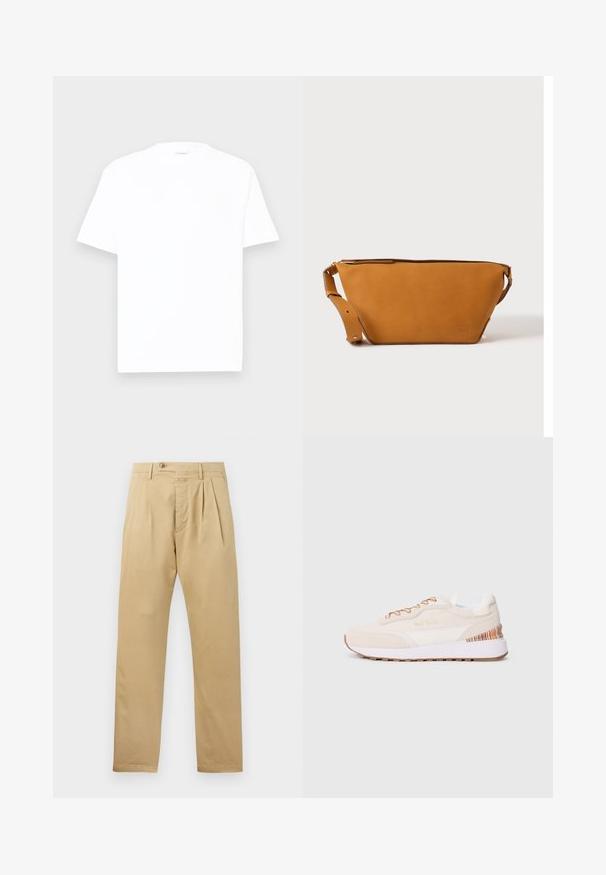 Witte katoenen t-shirt met een ronde hals, korte mouwen en een relaxte pasvorm. Gladde textuur, minimale details en geen patronen of graphics.; CLOSED BERGEN TAPERED - Chino - beige; Sneakers met een beige suède bovenkant, witte accenten, een brown rubberen zool en kleurrijke gestreepte details op de hiel; heeft brown veters.; Lichtbruine leren crossbodytas met verstelbare band en ritssluiting, getoond tegen een effen lichte achtergrond.