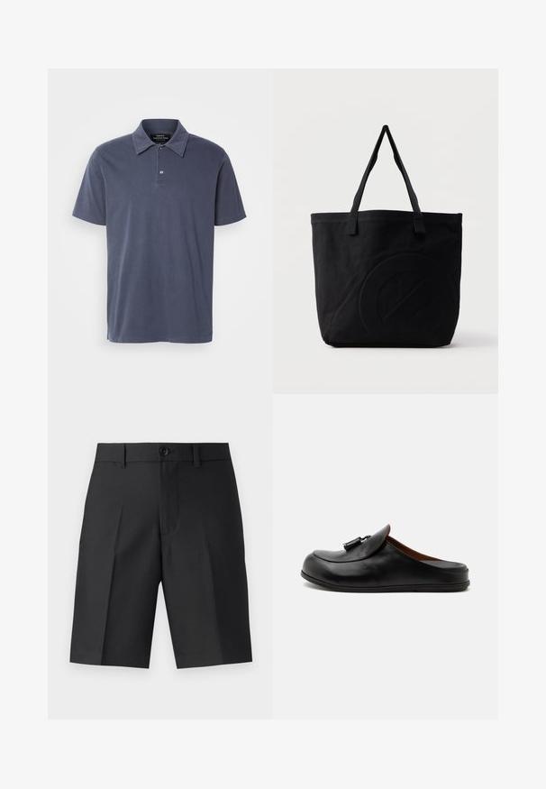 Polo de manga corta azul marino hecho de una tela suave, con un cuello clásico, tapeta de dos botones y sutiles aberturas laterales.; Bermudas negras a medida de tela ligera, con corte recto, pliegues simples y cierre frontal de botón.; Mocasín negro de cuero sin talón con borlas en la parte superior, mostrado de lado sobre un fondo claro y liso.; Bolsa tote de lona negra con dos correas para el hombro y un diseño circular en relieve sutil en el frente.