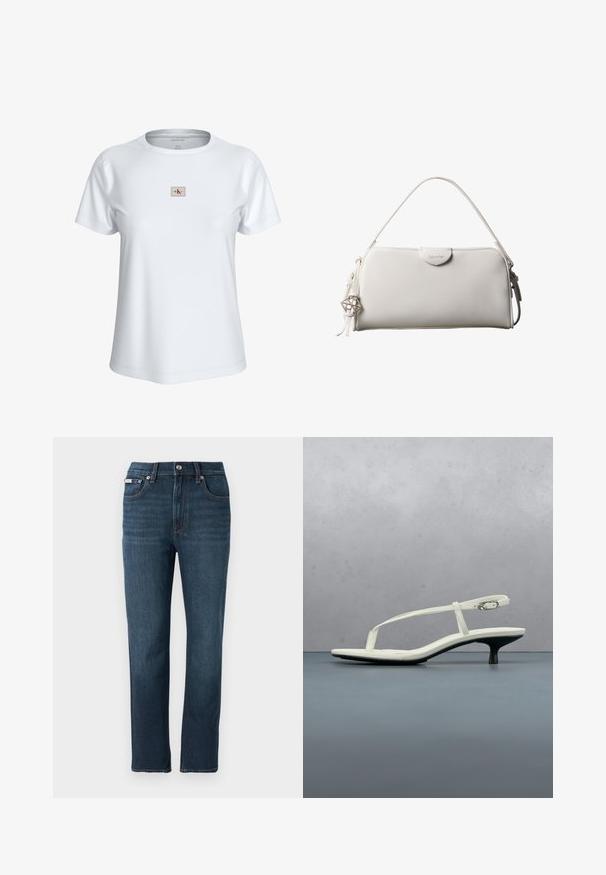 T-shirt blanc à manches courtes col rond avec un petit écusson rectangulaire du logo Calvin Klein Jeans centré sur la poitrine.; Jean en denim bleu foncé avec une coupe droite, poches avant, fermeture par bouton et détails de couture subtils sur la taille.; Sandale blanche à talon kitten avec des lanières et un bout pointu, flottant au-dessus d'un sol en carrelage en bois en plein air avec un arrière-plan flou de plante et de mur.; Sac à main rectangulaire blanc Calvin Klein avec une seule poignée, design minimaliste et pampilles décoratives avec un charm métallique géométrique sur le côté.