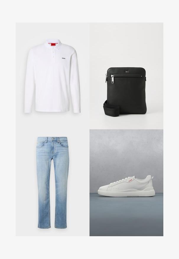 Weißes Langarm-Polohemd aus Baumwolle mit Kragen, Drei-Knopf-Leiste und schwarzem "HUGO"-Logo auf der linken Brust.; Hellblaue Denim-Jeans mit einem geraden Bein-Design, fünf Taschen, sichtbaren Nähten und einem ausgewaschenen Finish an den Oberschenkeln und Knien.; Weiße Sneaker aus glattem Leder, runde Spitze, vier Ösen, dezente Perforationen und ein rotes Logodetail an der Seite.; Schwarze Leder-Umhängetasche mit flachem Design, strukturierter Oberfläche, Reißverschluss, Vordertasche und verstellbarem Stoffriemen.