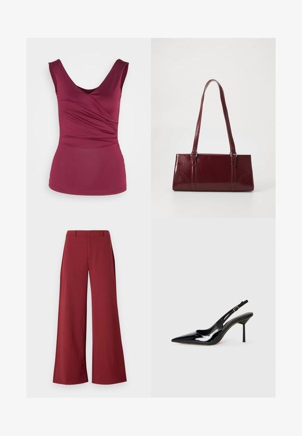 Anna Field by Zalando Top - dark red; Wijdvallende broek in een diepe bordeauxkleur. Gemaakt van een soepele, rekbare stof met op maat gemaakte naden en een rits aan de voorkant.; Zwarte gepatineerde leren spitse slingback stiletto hak schoen met een dunne band en gouden gesp op een witte achtergrond.; Bourgondische handtas van glanzend materiaal, rechthoekige vorm, met twee schouderbanden en subtiele gebogen accenten aan de voorkant.